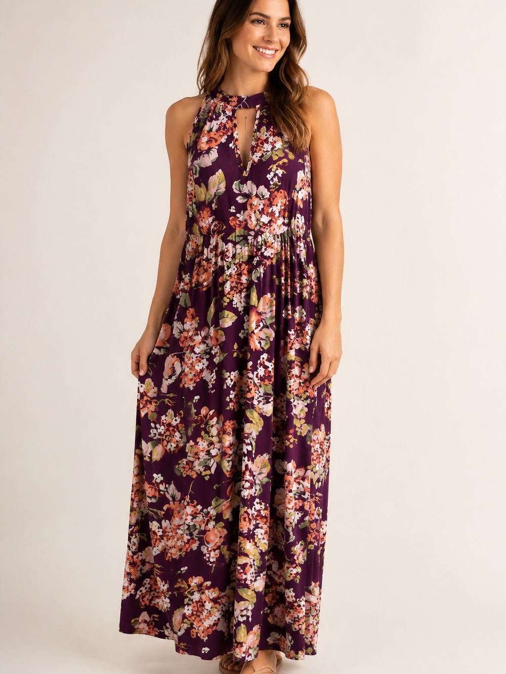 Xhilaration Plum Floral Halter Maxi Dress